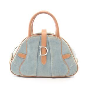 Christian Dior Double Saddle Handbag Denim Leather Blue Brown